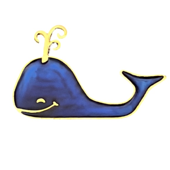 Vintage Gold Plated & Blue Enamel Happy Whale Retro Brooch